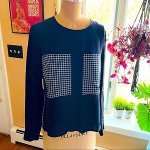 THEORY | navy blue & white square pattern silk blouse S